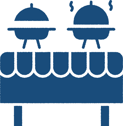 Illustration of a blue house with a chimney and a garage door.