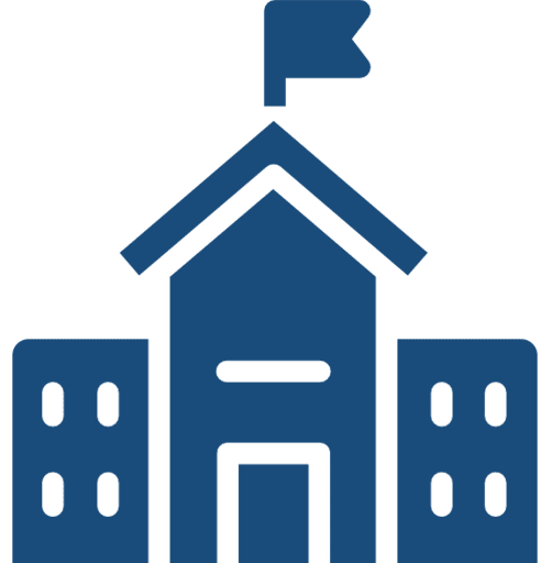Blue icon of a school building with a flag on top.